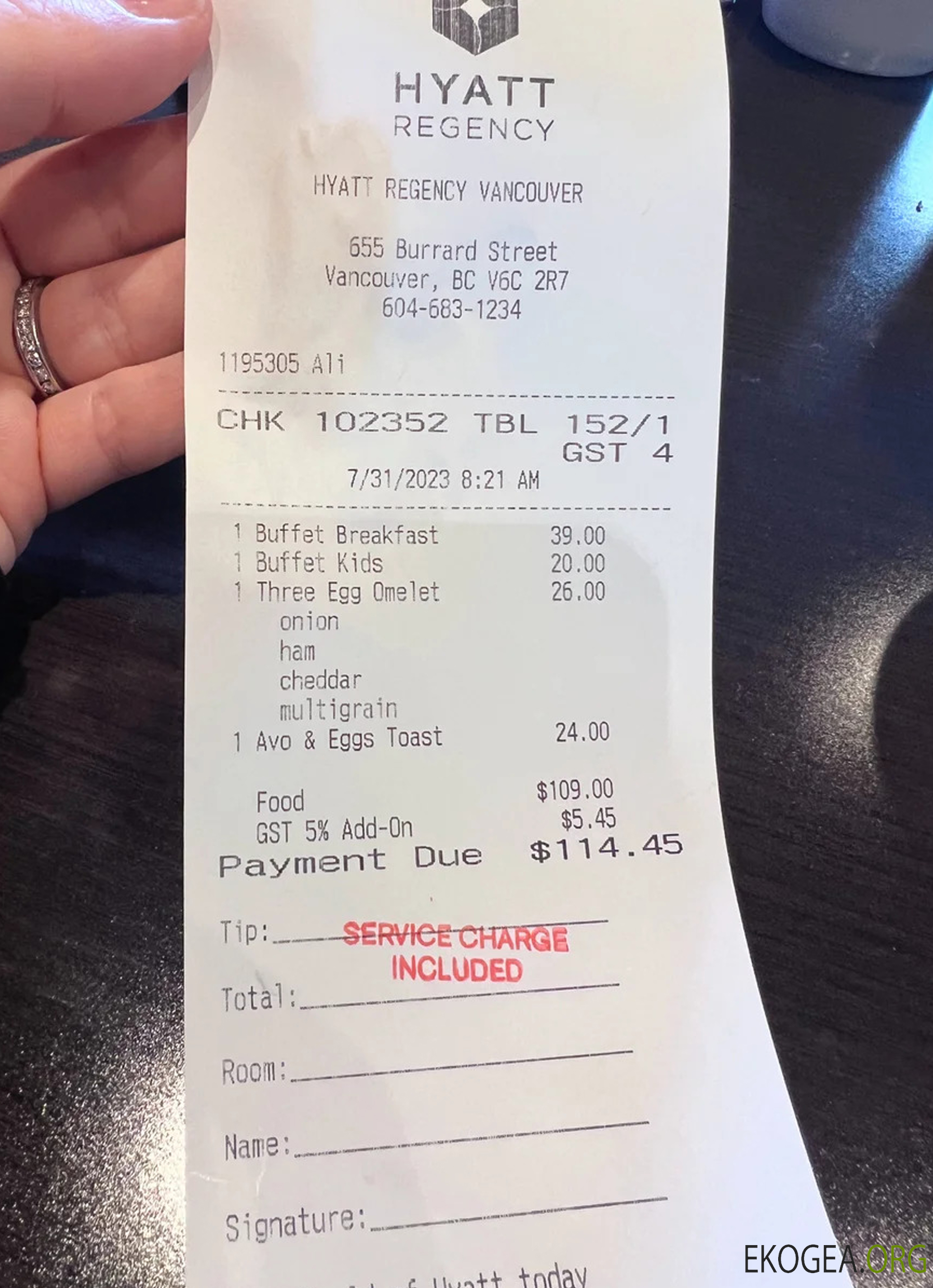 Reçu de paiement Hyatt Regency